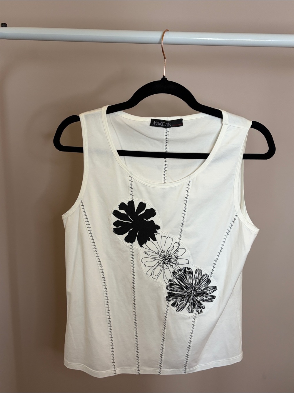 Marc Cain Cream Tank Top with Black Floral Appliqué